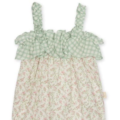 Vestido de bebé com padrão xadrez e floral em verde, branco e rosa