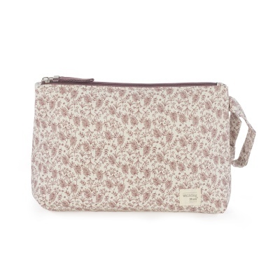 Bolsa de tecido bege com padrão floral castanho e fecho castanho