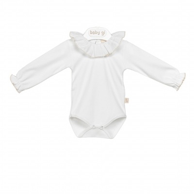 Body de bebé branco com gola frisada e mangas compridas