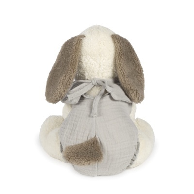 Peluche de cão creme e castanho vestido cinzento visto de costas