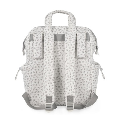 Mochila branca com padrão floral cinzento vista de trás