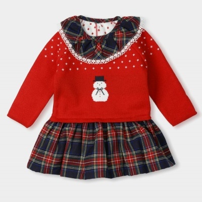 Vestido infantil vermelho com padrão tartan e boneco de neve