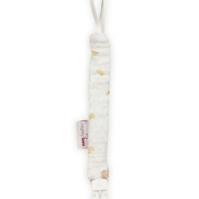 Prendedor para chupeta com tecido branco e manchas amarelas, etiqueta minjobby love e clipe branco