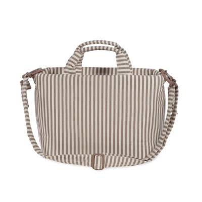 Mala riscada bege e branco com pegas e alça ajustável