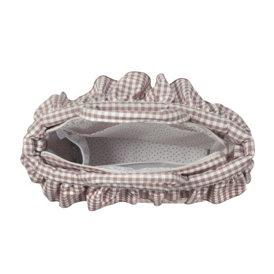 Bolsa de tecido com padrão de quadrados cor de malva e branco, vista interior