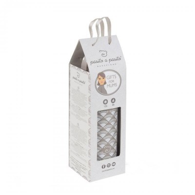 Embalagem de cartão branca com alça e padrão de ondas cinza