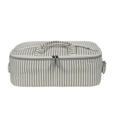 Mala de tecido riscado cinzento e branco com zíperes