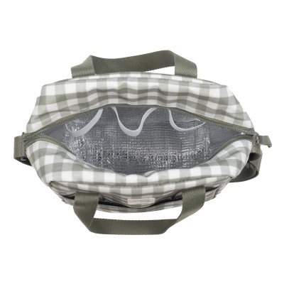 Mala térmica xadrez cinza e branco com interior térmico prateado aberta vista superior