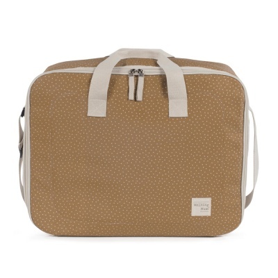 Mala de mão castanha com pontos brancos e alças bege claro