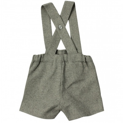 Calções com alças cinzentos para criança com padrão discreto e botão nas alças