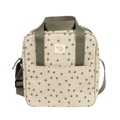 Mala bege com corações cinzentos e alças verdes, etiqueta 'Walking Mum' no centro.