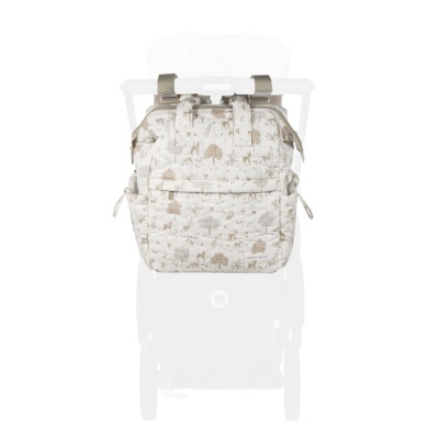 Mochila para carrinho de bebé com padrão de animais bege e marrom claro e bolso frontal