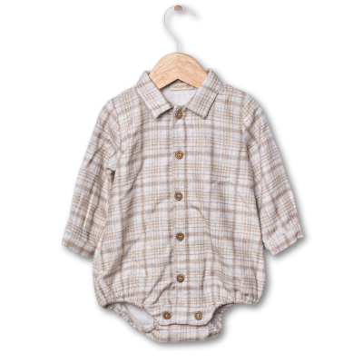 Body de bebé xadrez bege e branco com botões e gola de camisa