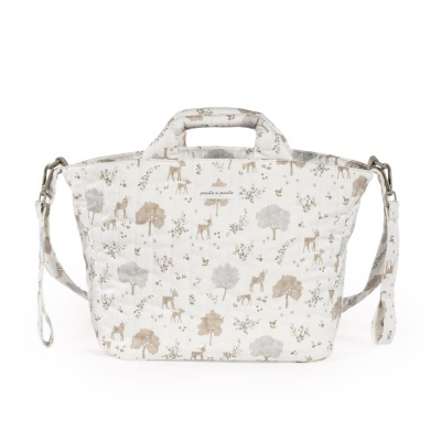 Mala saco branca com padrão de girafas e árvores bege e cinzento