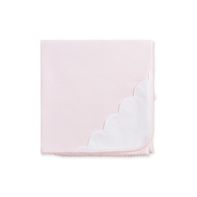 Cobertor cor-de-rosa claro com detalhe branco ondulado no canto