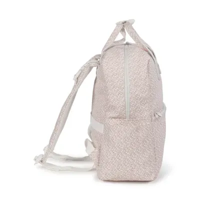 Mochila rosa claro com padrão floral e zíper branco