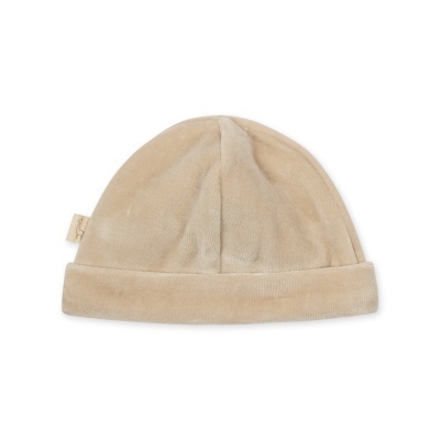 Gorro bege de tecido com etiqueta lateral