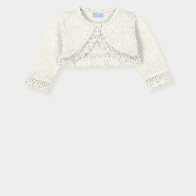 Casaco curto de malha branco com acabamento em crochê