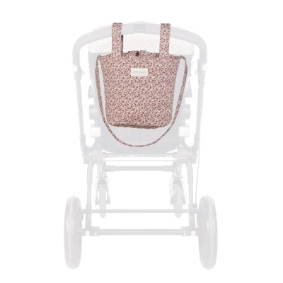 Bolsa para carrinho de bebé floral rosa com alças e etiqueta pasito a pasito.