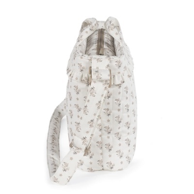 Bolsa têxtil branca com padrão floral e alça larga