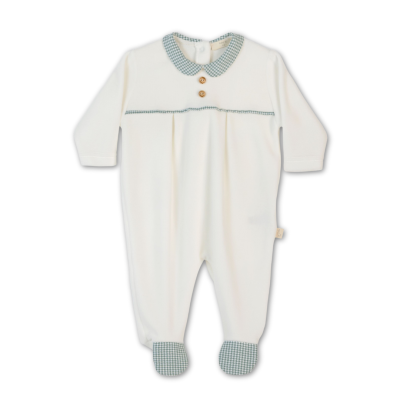 Macacão branco de bebé com golinha e detalhes xadrez verdes