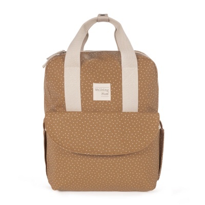 Mochila castanha com bolinhas brancas e alças bege