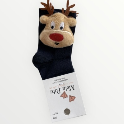 Meia preta com aplique 3D de rena e etiqueta branca