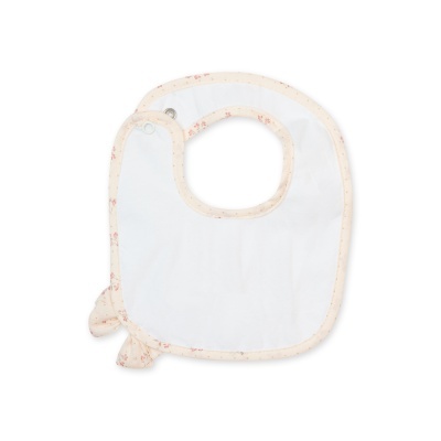 Babete branco com borda creme e padrões florais rosa