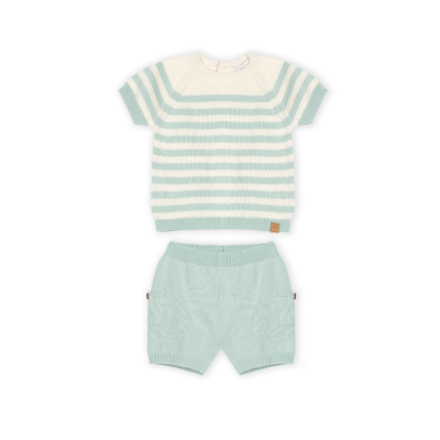 Conjunto de bebé menina em malha, camisola às riscas e calções verdes água