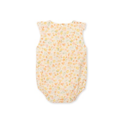 Body de bebé estampado com frutas e flores em amarelo, laranja e verde