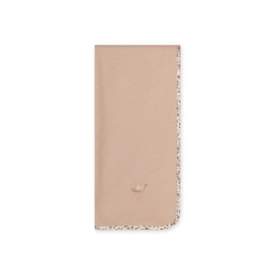Estojo em couro rosa claro com borda floral e logótipo dourado