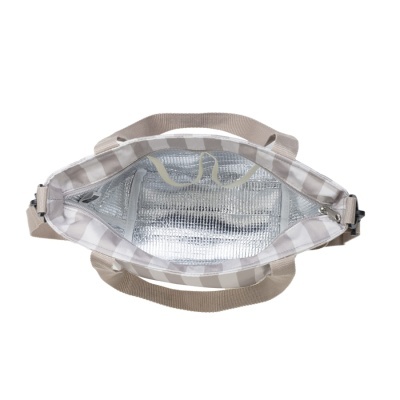 Bolsa térmica riscada cinza e branco com interior isolante prateado