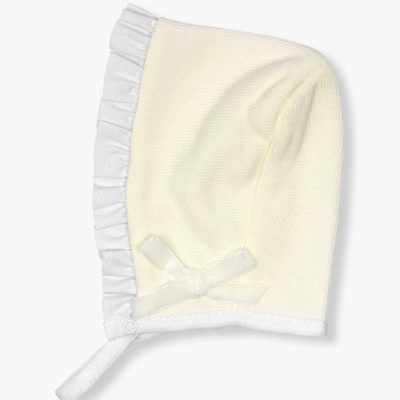Touca para bebé amarela clara com borda e laço brancos