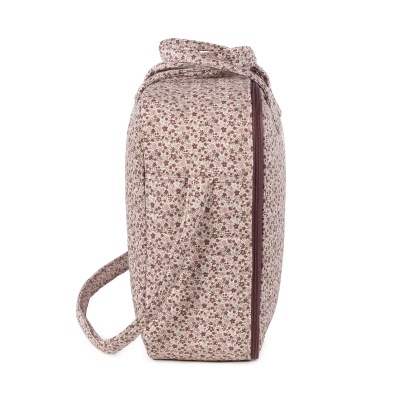 Mala têxtil com padrão floral em tons de vinho, rosa e bege com fecho de correr