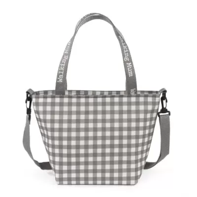 Mala saco xadrez cinza e branco com alças cinza e texto branco