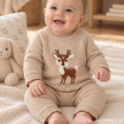 Bebé sorridente com roupa bege e padrão de veado sentado sobre manta creme