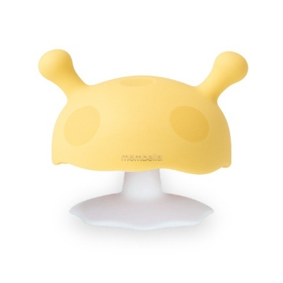 Chupeta de silicone amarela com antenas, base branca, texto mombella