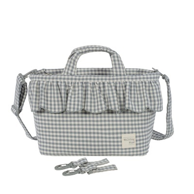 Bolsa de maternidade xadrez cinza e branco com folho e alça ajustável