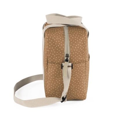 Bolsa castanha com padrão de pontos e alça bege