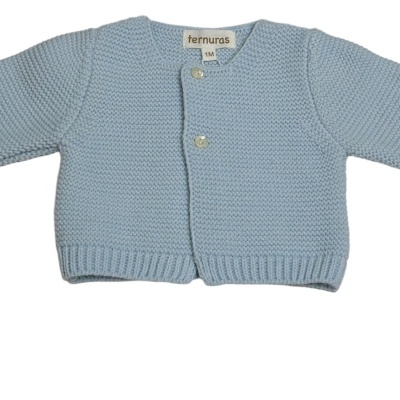 Cardigã de malha azul-claro com botões brancos e etiqueta ferruus