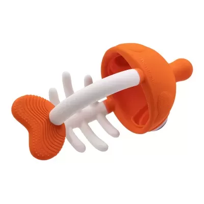 Brinquedo de bebé úrsido laranja com cauda branca texturizada para dentição