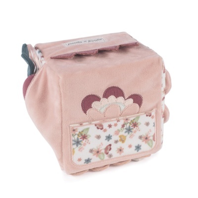 Mini mochila rosa com decoração floral e etiqueta Panier à Poudré