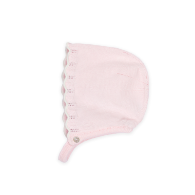 Gorro de bebê cor-de-rosa com borda ondulada branca e botão metálico