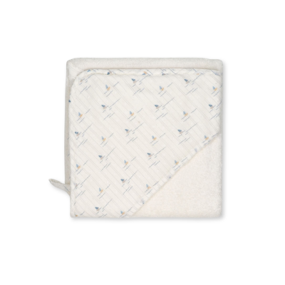 Toalha de bebê branca com capuz e padrão geométrico azul e amarelo