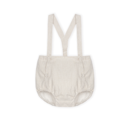 Culote bege claro às riscas finas com alças e botões revestidos