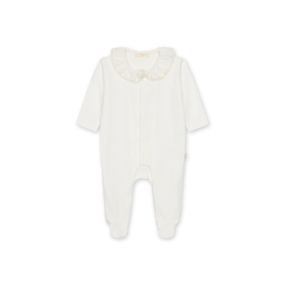 Macacão de bebé branco com gola folhada e mangas compridas