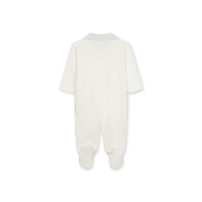 Macacão branco de bebé com pés fechados e gola riscada azul e branca