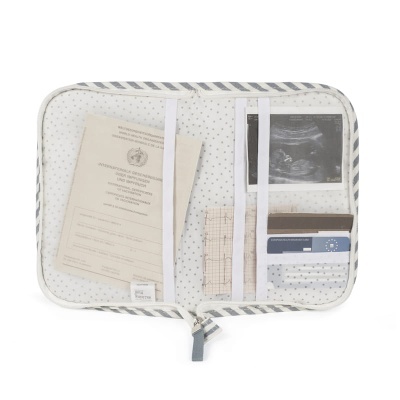 Organizador de documentos com padrão de bolinhas e riscas, interior com elásticos a segurar papéis e cartões