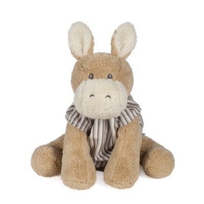 Pelúcia de burro castanho e creme com camisola às riscas