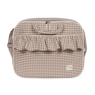 Mala xadrez bege e branco com bolso frontal e fecho de correr
